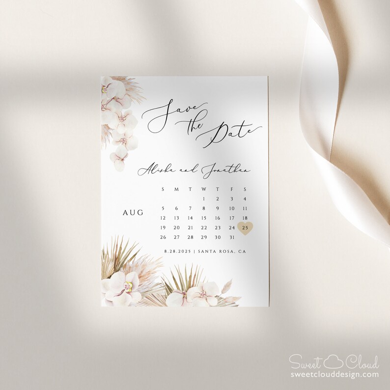 BOHO Save The Date,Calendar Save The Date,Tropical Save the date Orchid save the date calendar,Pam pampas grass Calendar save the date