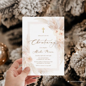Boho Rose Taufeinladung Mädchen Pfirsich floral druckbare Taufeinladungen Taufe einladen Baby Mädchen Gold Kreuz Taufperle