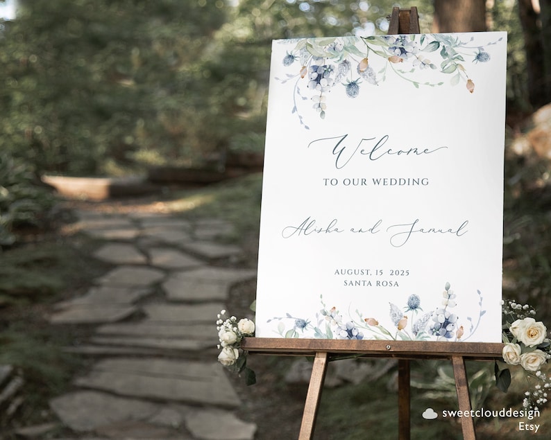 Dusty Blue flower Welcome Wedding Sign Template Steel blue flower welcome Sign Printable winter floral welcome Sign soft green sign Berrie image 1