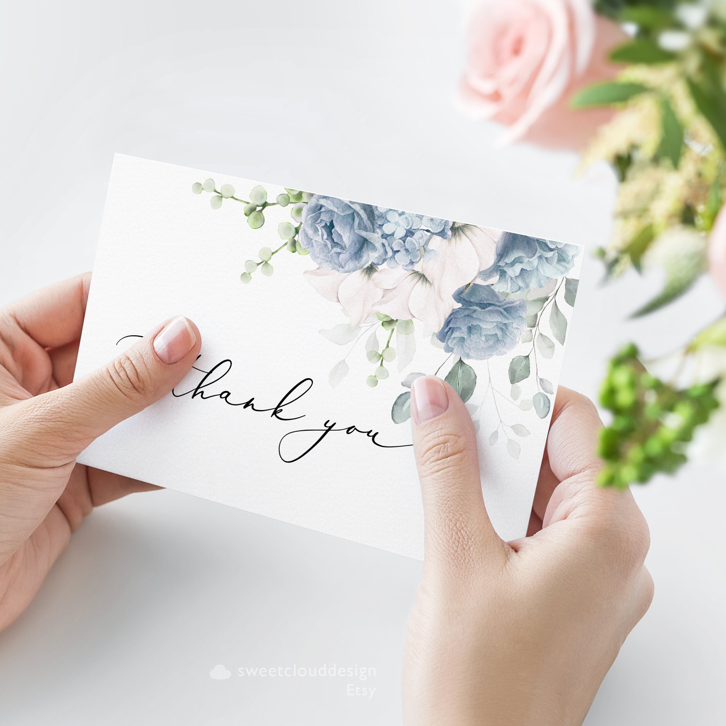 Dusty Blue Floral Thank You Wedding Thank You Card Template Editable ...