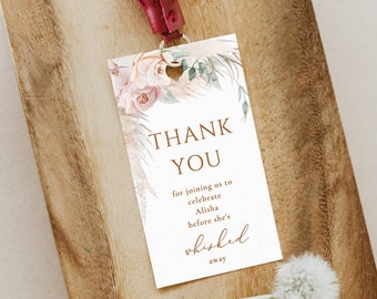 Blush BOHO Brudetikett Whisked away Presentetiketter Eukalyptus och ros Utskrivbar tack boho etikett Orkidé tacketikett mall Orkidé redigerbar