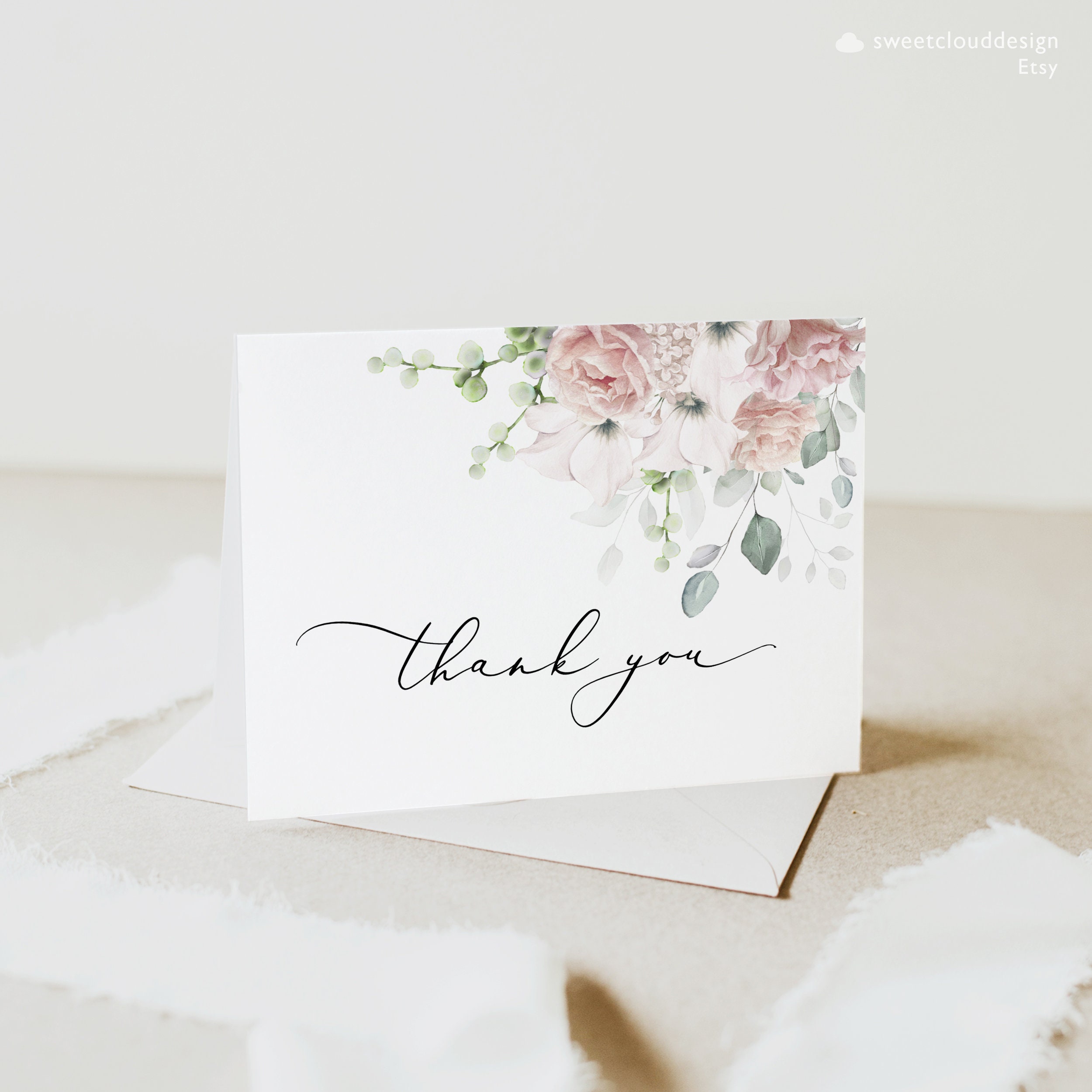 Dusty Pink Floral Thank You Wedding Thank You Card Template Editable ...