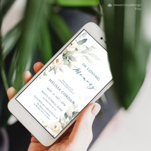 Greenery funeral digital Invitation Green leaves funeral phone invite Template soft green white rose digital funeral invite text invite image 2