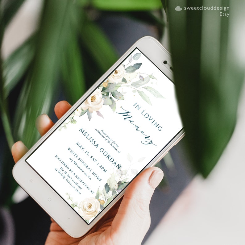 Greenery funeral digital Invitation Green leaves funeral phone invite Template soft green white rose digital funeral invite text invite image 2