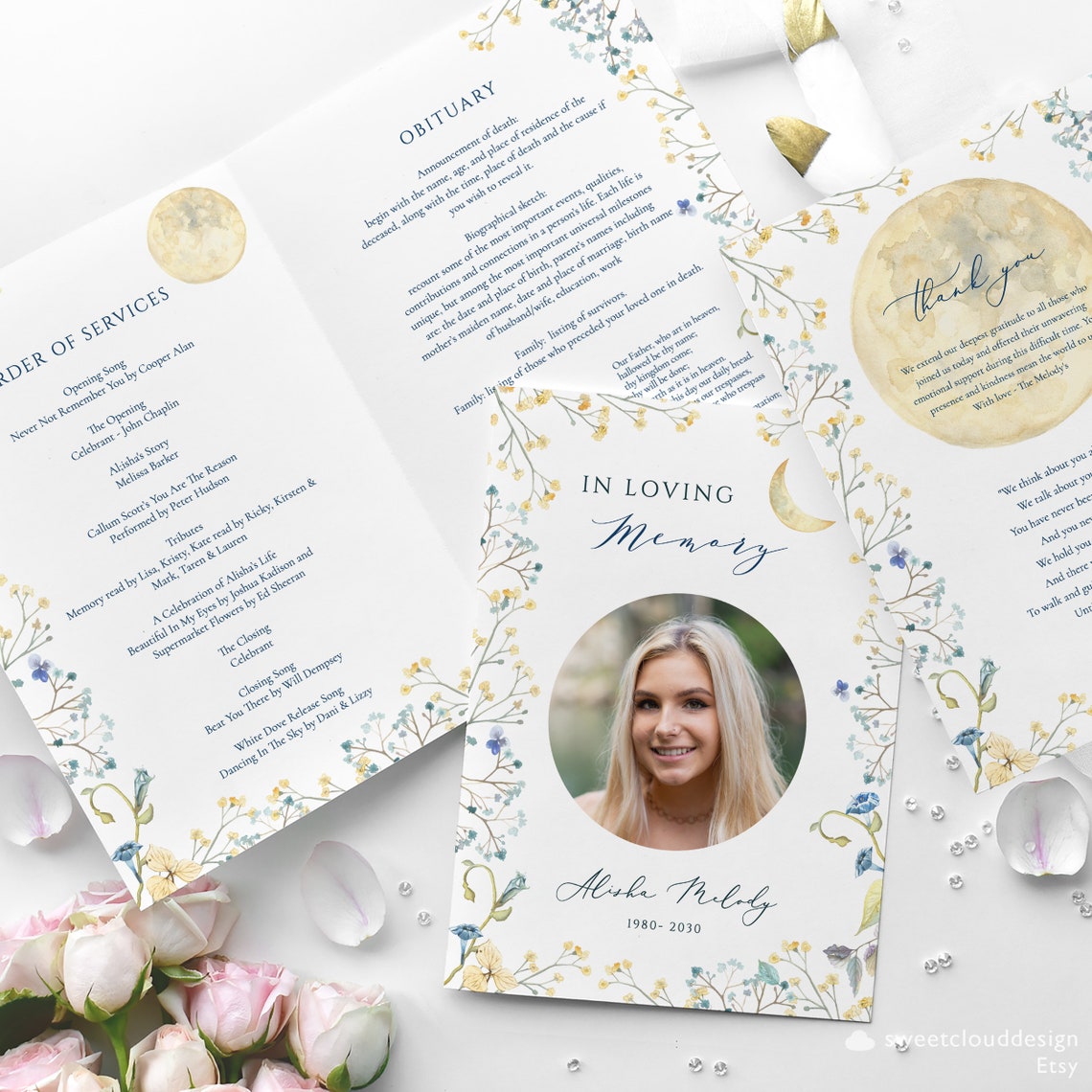 Program Flower Design Moon Funeral Program Booklet Crescent Ceremony Foldable Funeral Program ...