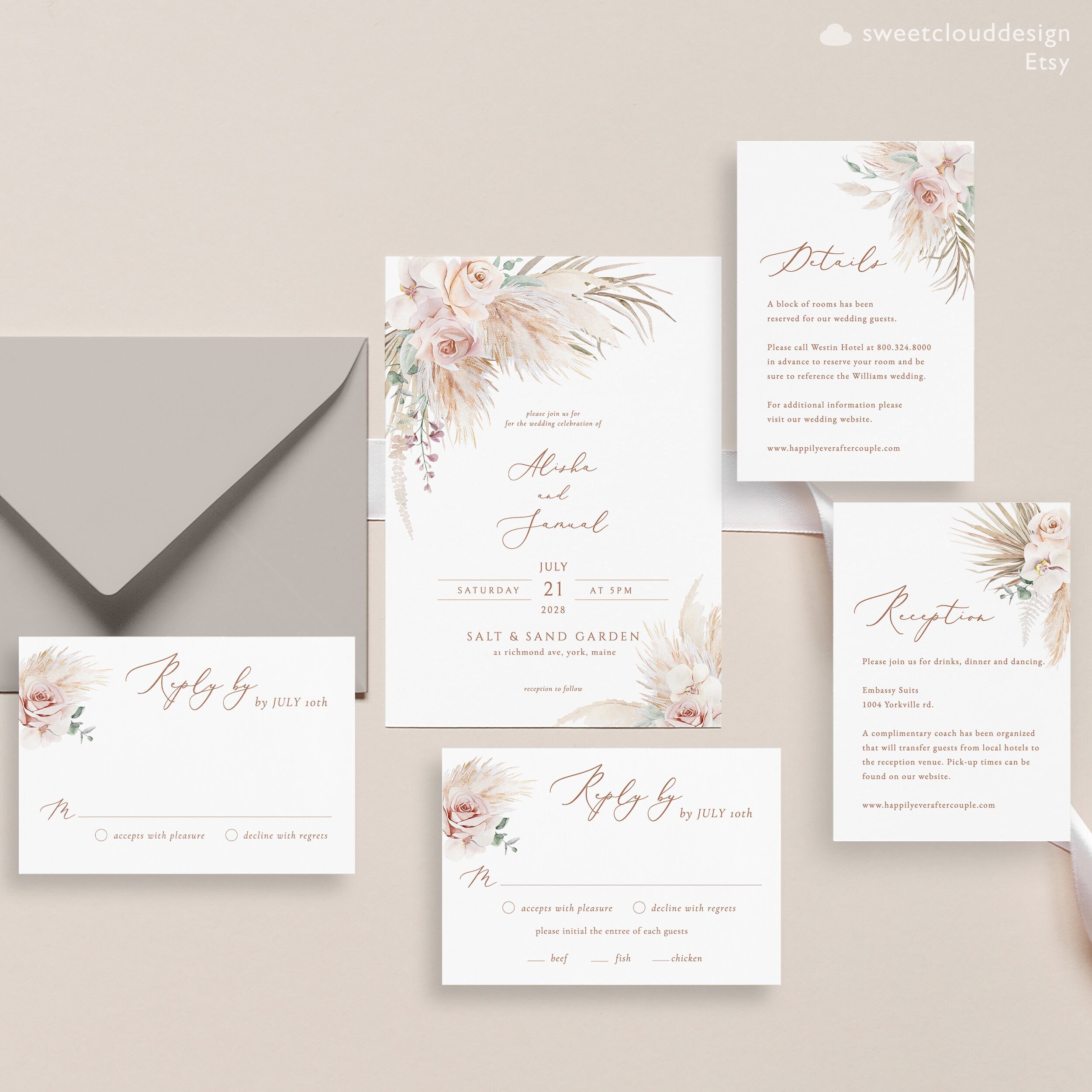 Boho Rose Wedding Invitation Beach Eucalyptus Wedding - Etsy