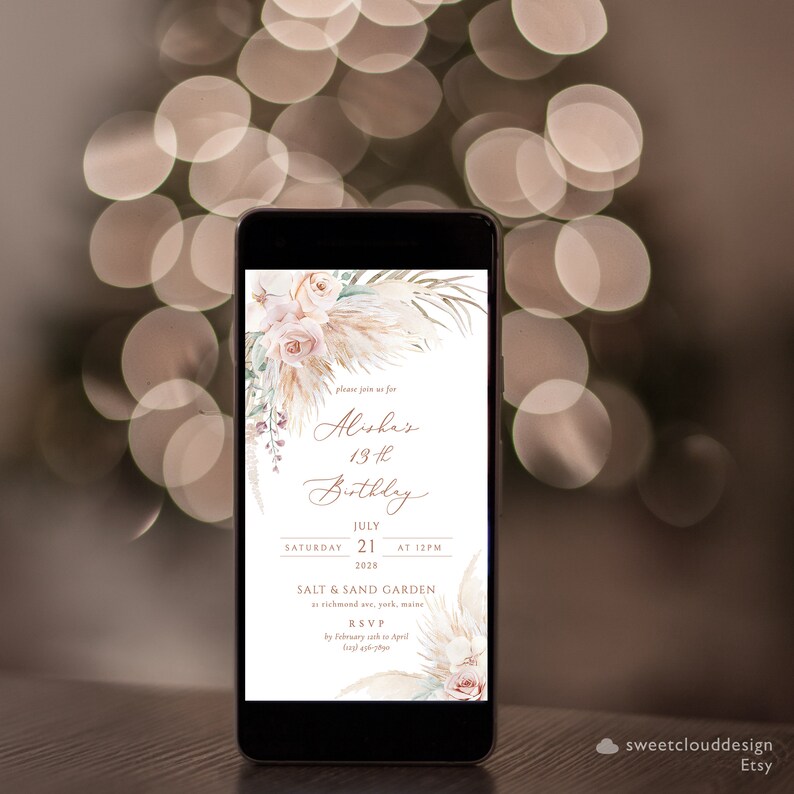 Mobile Blush Boho Birthday Card Text Birthday Card Digital Electronic ...