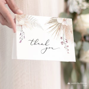 Cartão de agradecimento Boho Orquídea Editável grama de pampas Modelo de cartão de agradecimento de casamento Romântico boho cartão de agradecimento para download instantâneo Pamela