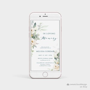Greenery funeral digital Invitation Green leaves funeral phone invite Template soft green white rose digital funeral invite text invite image 4