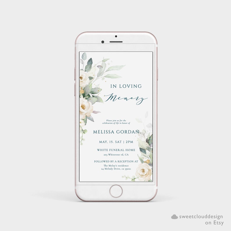 Greenery funeral digital Invitation Green leaves funeral phone invite Template soft green white rose digital funeral invite text invite image 4