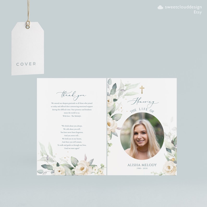 Greenery White Flower Funeral Program Booklet White Rose Ceremony ...