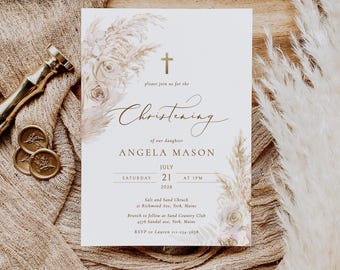 BOHO Rose Christening invitation Pampas grass Rose Christening Invitation template gold cross Boho Pampas Christening Invites Printable