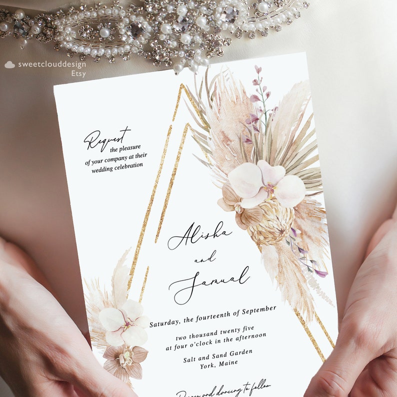 Boho Wedding Invitation beach tropical wedding Invitation Pampas grass invitation template Palm Leaf Invitation Bohemian Invitivation PAMELA image 4