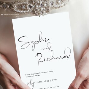 May include: A white wedding invitation with black calligraphy for Sophie and Richard. The invitation includes the date July 14th, 2025, and the time 2 PM.