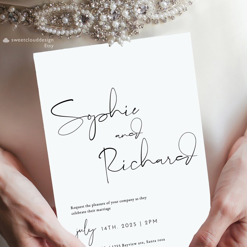 May include: A white wedding invitation with black calligraphy for Sophie and Richard. The invitation includes the date July 14th, 2025, and the time 2 PM.