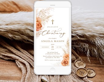 BOHO Orange rose Christening digital Invitation pampas grass Terracotta Rose Christening phone invite Template Electronic Christening text