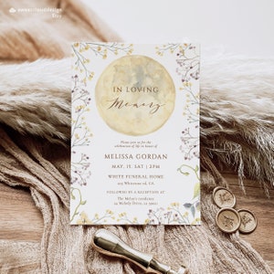 Invitation funéraire florale d’automne Lune d’automne Célébration funéraire de la vie invitation modifiable Invitation funéraire de lune d’automne Invitation de fleur de lune