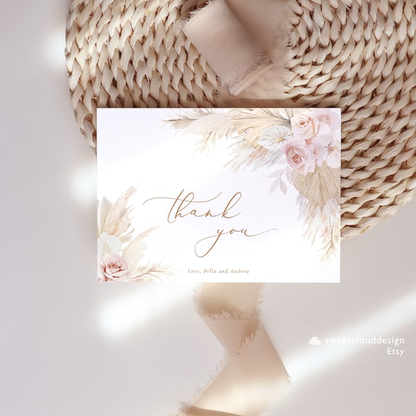 Blush rose Thank You card blush pampas grass dusty pink Thank You Card Template boho thank you christening thank you card editable