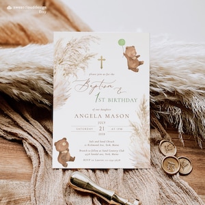 Modèle d'Invitation 1er anniversaire baptême ours en peluche herbe des pampas, carte d'anniversaire baptême croix or, invitation de baptême bohème pampa, ballon vert