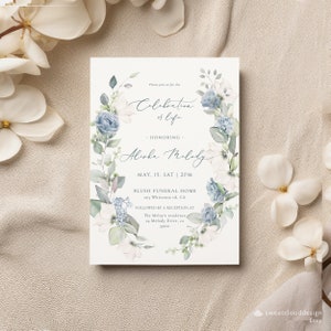 Invitation funéraire florale bleue Verdure fleur bleue Invitation funéraire bleu Rose blanche Célébration funéraire de la vie invitation modèle modifiable