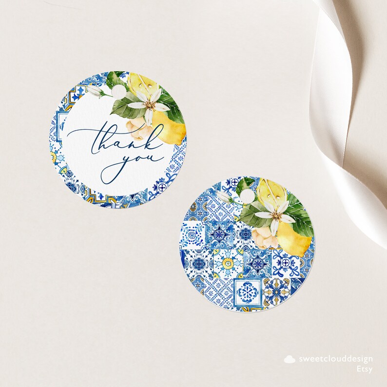 Blue Tile Thank You Tag Template Lemon Favor Gift Tag Round - Etsy