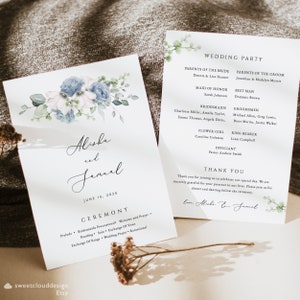 Könnte beinhalten: Hochzeitszeremonie-Programm mit einem Aquarell-Blumendesign in Blautönen und Grün. Das Programm enthält die Namen des Brautpaares, Alisha und Januel, das Hochzeitsdatum, den 15. Juni 2025, und die Reihenfolge der Zeremonie. Das Programm enthält auch eine Liste der Hochzeitsgesellschaft und ihrer Rollen.