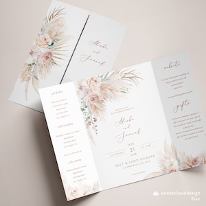 Gatefold Blush Boho Invitación de boda boho Dusty rosa Invitación Pampas hierba gatefold invitación plantilla Palm Leaf Imprimible puerta plegable