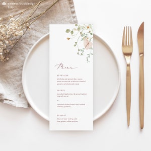 Plantilla de menú floral rosa rubor menú de boda de hoja verde Plantilla de menú de vegetación de primavera Menú elegante imprimible Cena editable Baby shower