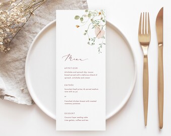 Blush pink floral menu template green leaf wedding menu Spring Greenery Menu Template Printable Elegant Menu Editable Dinner Baby shower