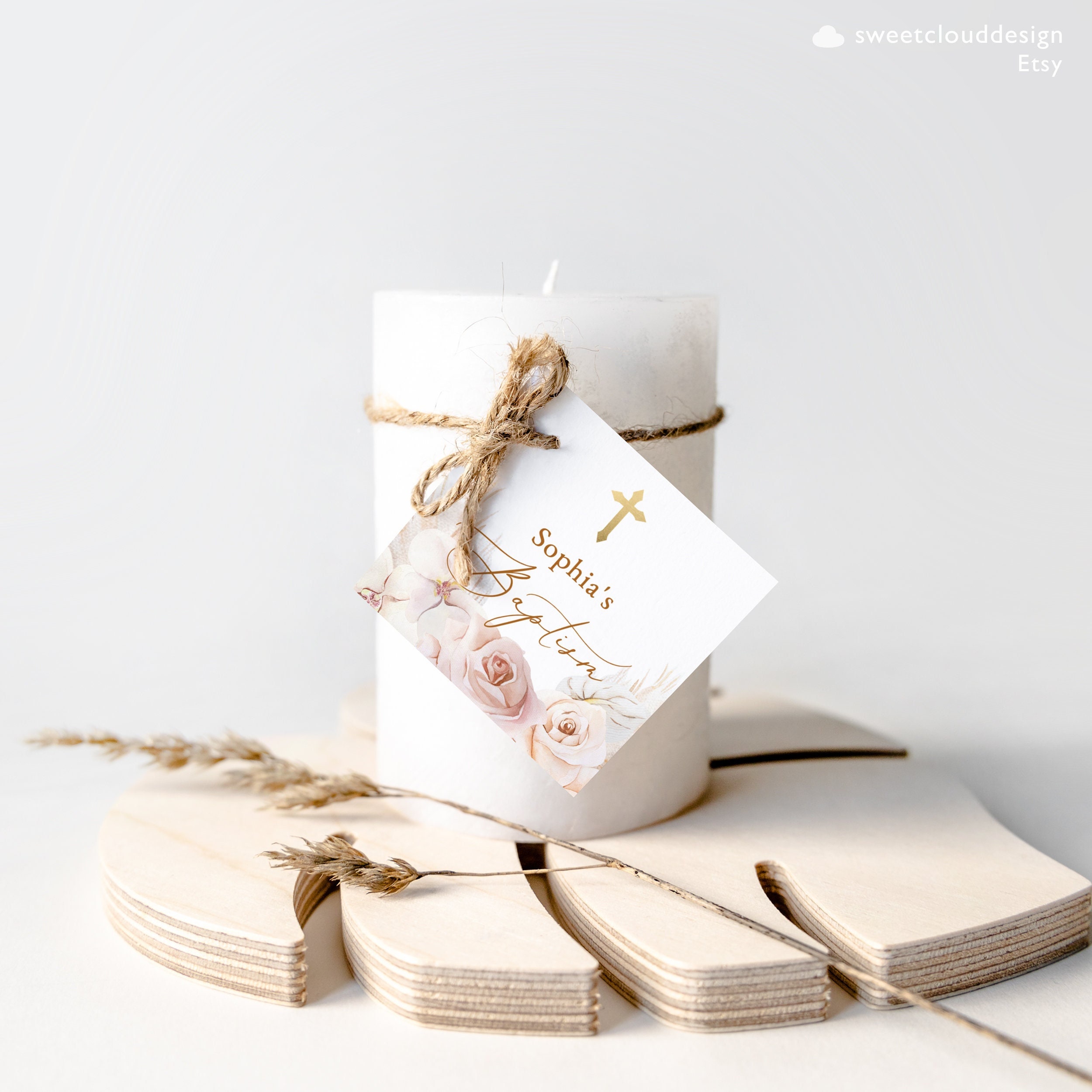 Etiqueta de favor do círculo de batismo, cruz de ouro quadrada, obrigado, etiquetas de bolsa, etiquetas de agradecimento redondas rosa empoeiradas para impressão, flor rosa, obrigado
