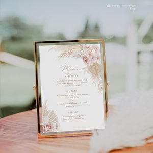Plantilla de menú de boda en color ROSA empolvado Tarjeta de menú BOHO en rosa imprimible Tarjeta de menú boho dorada editable Descargar tarjetas de menú de cena en dorado y ruborizado pamblush