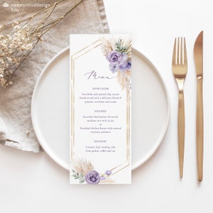 Plantilla de menú BOHO púrpura polvoriento Menú de orquídeas púrpura Menú editable de oro imprimible Descarga instantánea Tarjeta de menú de cena Menú de hierba de pampa editable