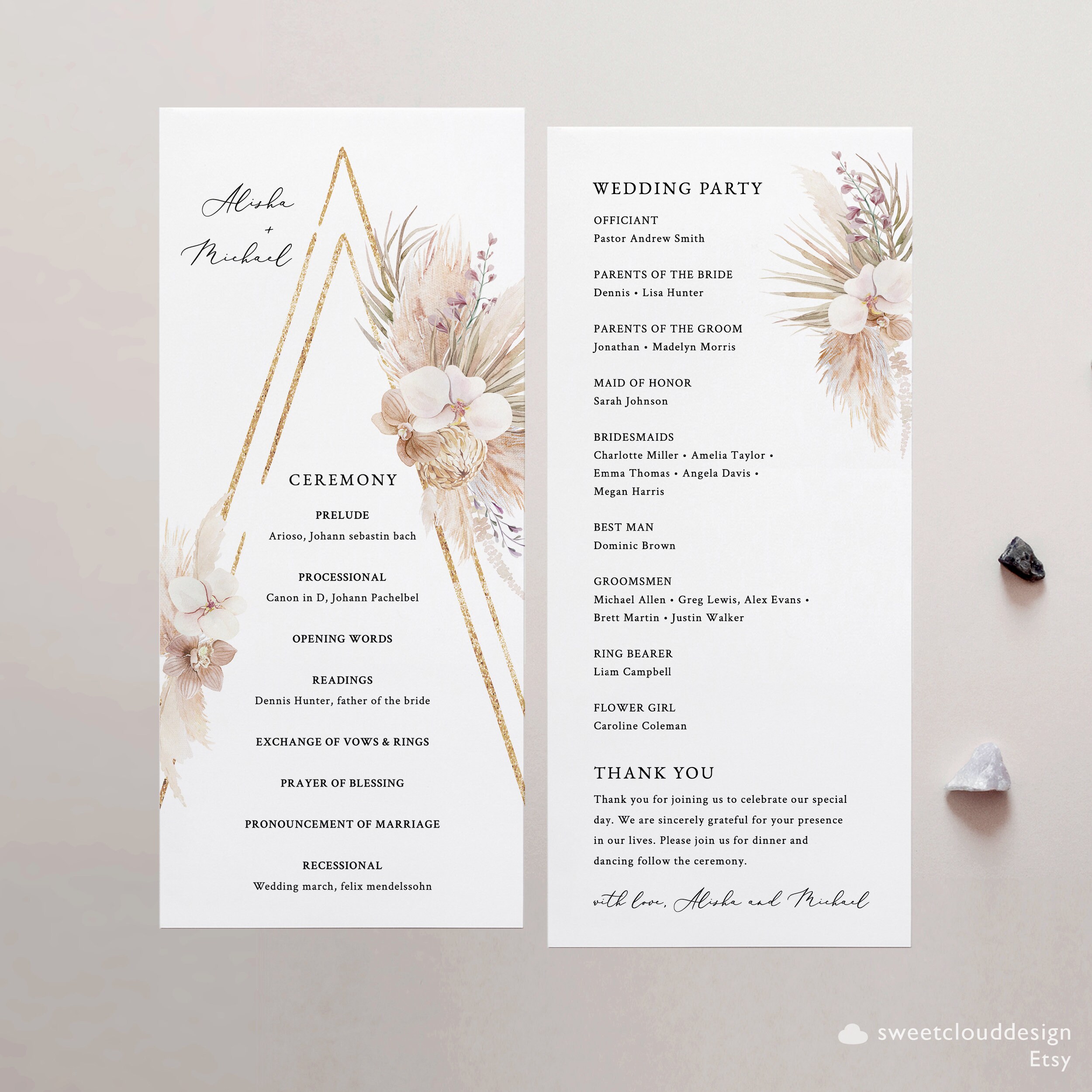 Gold Boho Wedding Program Template Orchid Bohemian Program Pampas Grass ...
