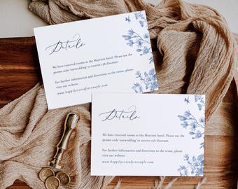 Dusty Blue flower detail card, Blue floral Wedding Invitation insert card, Vintage botanical wedding card details template card