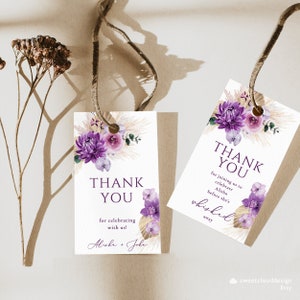 purple Boho Bridal favor tag Whisked away violet Favor Tags purple rose Printable thank you boho Tag thank you Tag Template editable tag