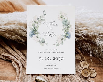 Steel blue Wedding Save The Date,dusty blue Save the Date,White floral Save the date Template,Editable Engagement Save our Date boho Grace