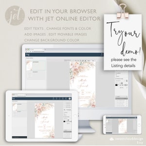 K&ouml;nnte beinhalten: Ein digitales Mockup einer Hochzeitseinladungsvorlage mit einem Aquarell-Blumendesign. Die Einladung zeigt ein rosafarbenes und wei&szlig;es Blumendesign mit Pampasgras und dem Text "Alisha und Samuel" in einer goldenen Schriftart. Die Einladung wird auf einem Computerbildschirm, einem Tablet und einem Telefon angezeigt.