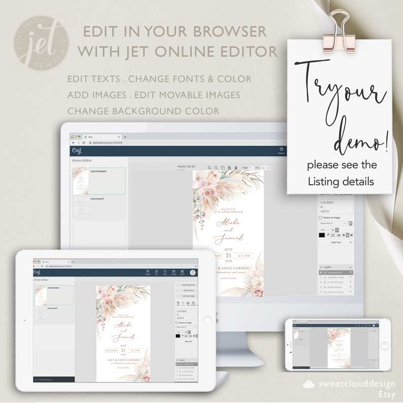 K&ouml;nnte beinhalten: Ein digitales Mockup einer Hochzeitseinladungsvorlage mit einem Aquarell-Blumendesign. Die Einladung zeigt ein rosafarbenes und wei&szlig;es Blumendesign mit Pampasgras und dem Text "Alisha und Samuel" in einer goldenen Schriftart. Die Einladung wird auf einem Computerbildschirm, einem Tablet und einem Telefon angezeigt.