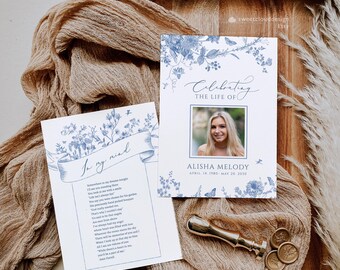 Dusty blue flower Funeral Photo Prayer card blue vintage flower Funeral bookmark Prayer card botanical blue floral Memorial Card