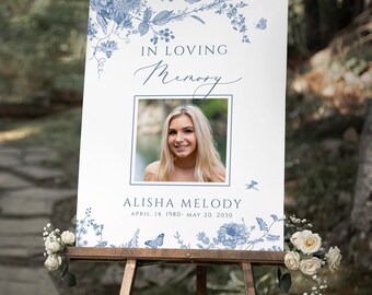 Dusty blue floral Funeral sign blue flower Ceremony Sign Template Vertical steel blue flower honouring Sign vintage flower sign