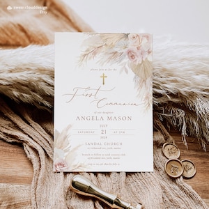 Boho Erstkommunion Einladung Gold Kreuz Erstkommunion Einladung Vorlage Erstkommunion Einladung Mädchen Blush Boho floral Printable