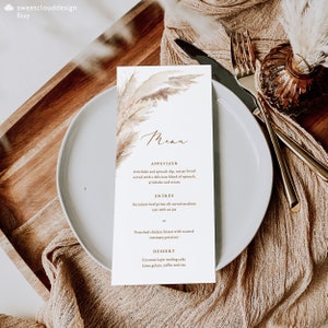 Herbe de la pampa Modèle de menu BOHO Herbe de la pampa Menu imprimable Menu modifiable Menu Boho simple menu de table de carte Menu de dîner de mariage