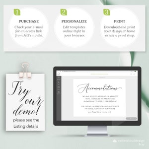 May include: A computer screen displaying a wedding accommodation sign with the text "Accommodations" in a cursive font. The sign states that rooms have been reserved at the Marriott Hotel and provides a promo code for a discount. The text "Try our demo!" is visible on a white sign with a pink binder clip.