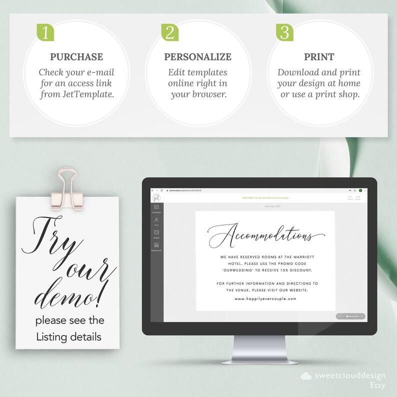 May include: A computer screen displaying a wedding accommodation sign with the text "Accommodations" in a cursive font. The sign states that rooms have been reserved at the Marriott Hotel and provides a promo code for a discount. The text "Try our demo!" is visible on a white sign with a pink binder clip.