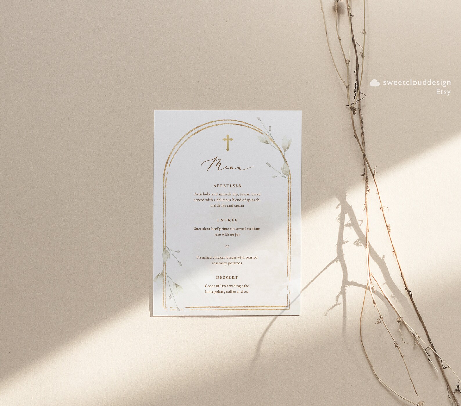White Flower Baptism Menu Gold Cross Menu Neutral Floral Table Menu ...