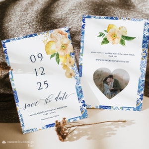 Zitrone Save the Date Vorlage Italien Blau Fliese Save the Dateeinladung Pfirsich Blumen Save the date Karte Zitrus mediterrane Fliese Mearlpeach