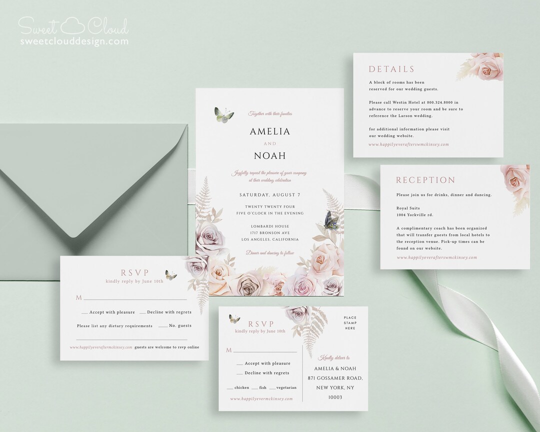 Rose Wedding Invitation Butterfly Wedding Template Printable Etsy