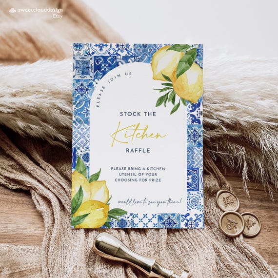 Cartão de rifa de cozinha de azulejo azul Cartão de rifa de chá de