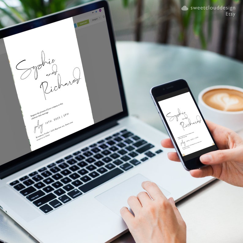 May include: A wedding invitation template displayed on a laptop and a smartphone. The invitation features a simple design with the names "Sophie and Richard" in elegant script and the date "July 14th, 2023 | 7PM".