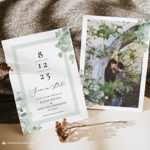 Eucalyptus Save The Date, Greenery Save the Date,Green leaves Save the date Template,Editable Engagement Save Date boho save our date Gloria
